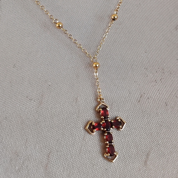 Elegant Garnet Glass Cross Necklace 14K Gold Over Silver 925 - Picture 7 of 13